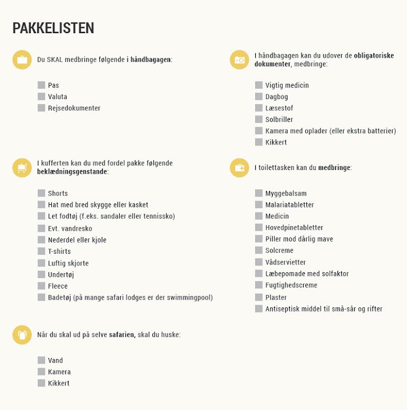 Checklist for packing